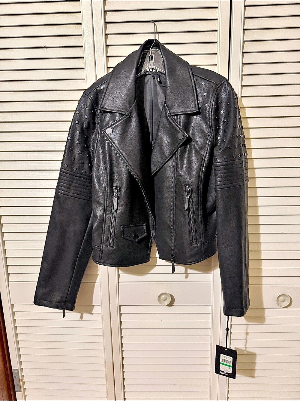DKNY Polished Nature Studded Faux Leather Moto Jacket Studded Leather Moto